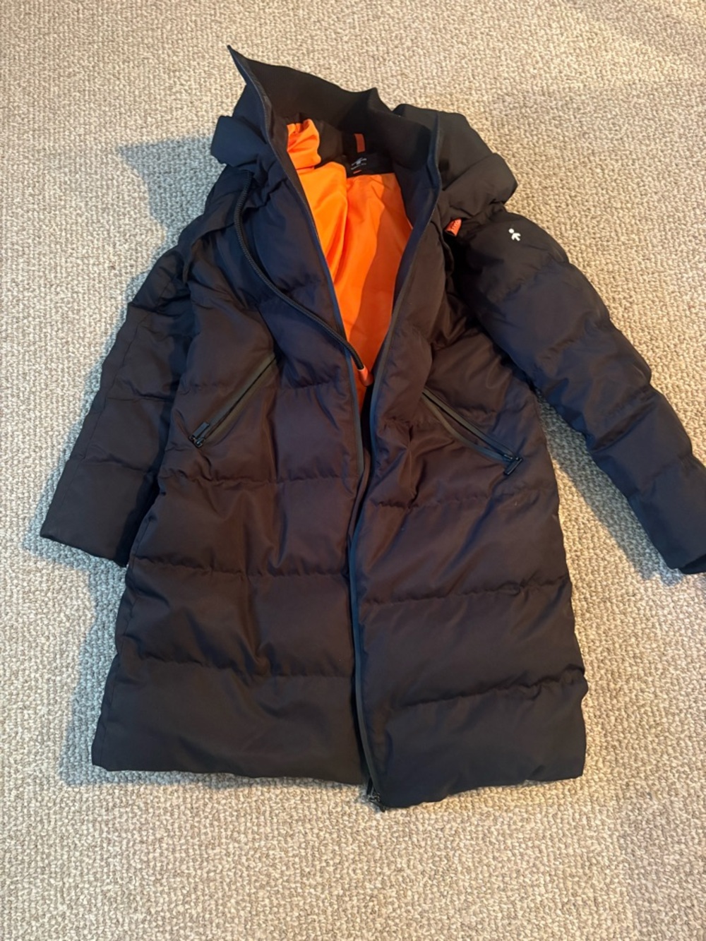 OROLAY Long Puffer Coat in Black with Orange Lining